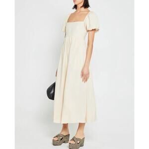 OPT Square Neck Smocked Puff Sleeve Cream Midi Dress